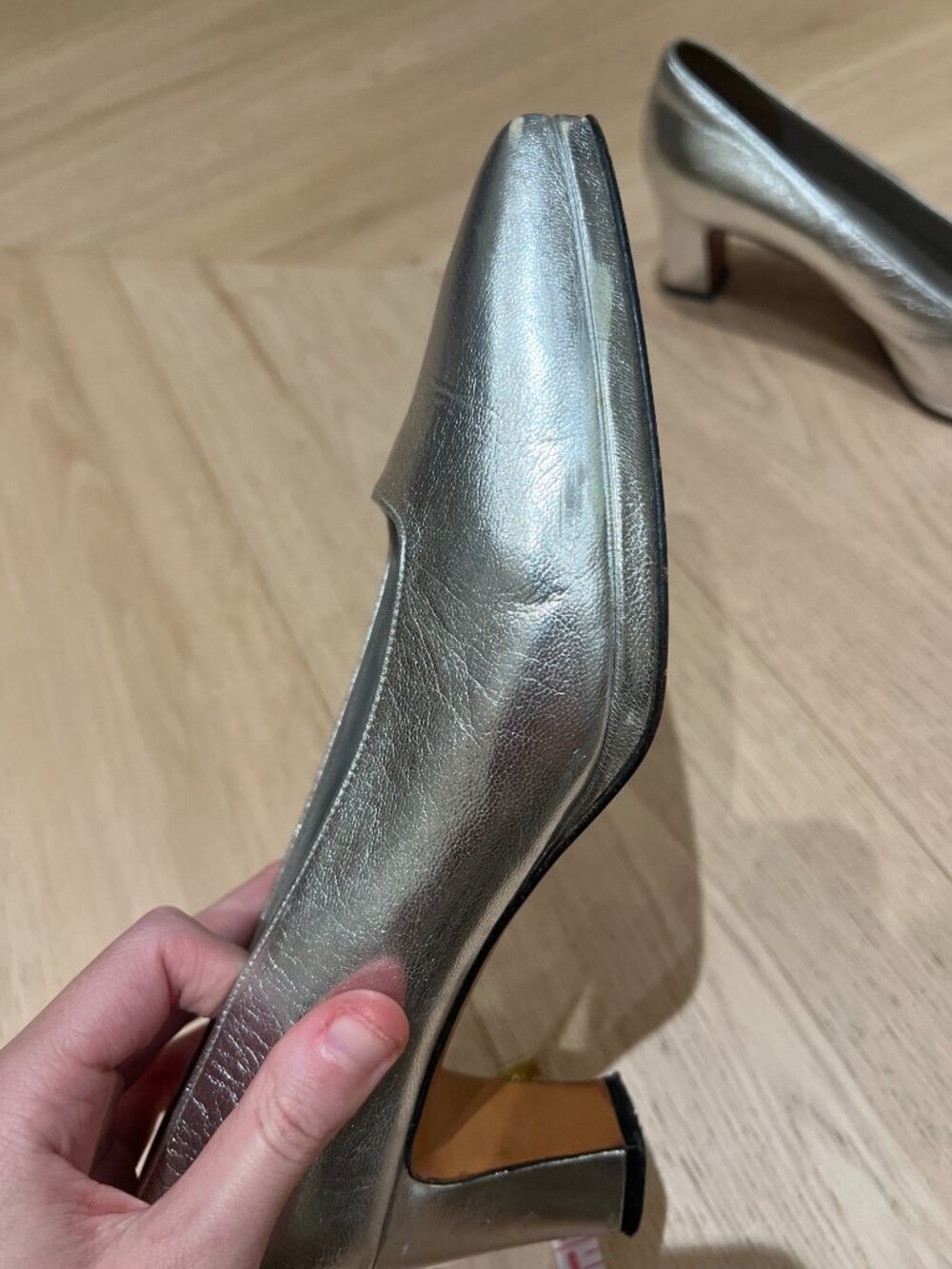 Christian Dior Vintage 90s Silver Metallic Leather Square Toe Pumps, Size 36.5 - Picture 3 of 9